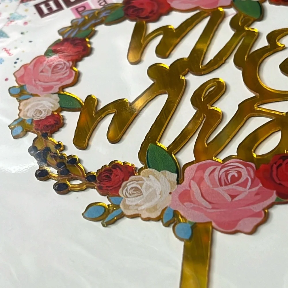 5for$10 Mr And Mrs Gold Floral Pink Rose Wedding Cake Topper NWT Party Supply
